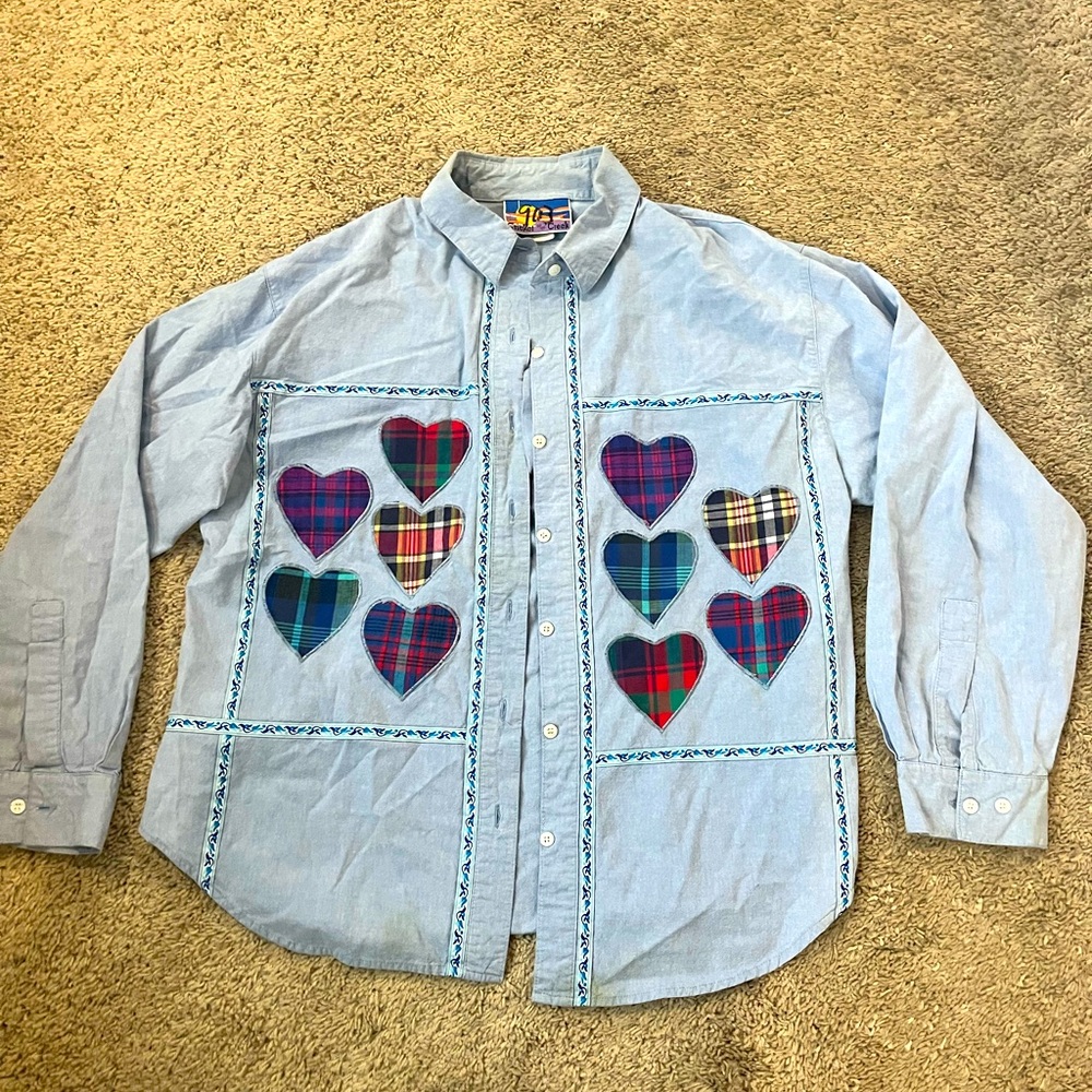 Vintage large Cricket on the Creek patchwork heart button down collated plaid